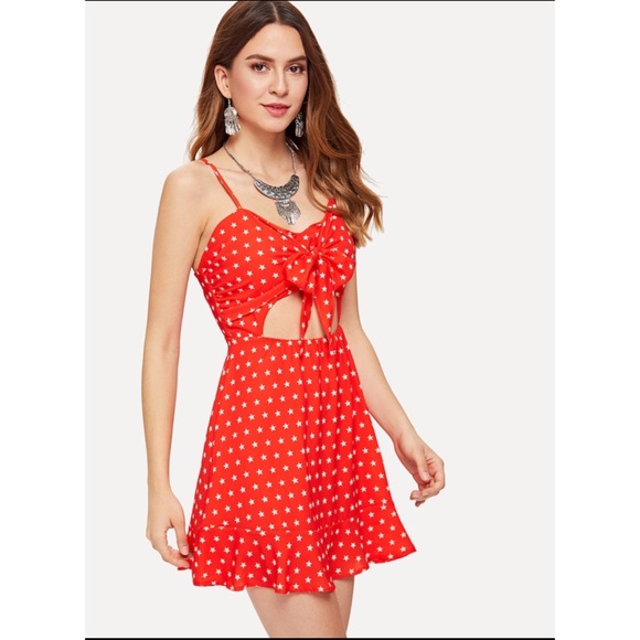 ❎SOLD NWOT Shein Red Bow Dress Knotted Front Stars - Picture 3 of 8